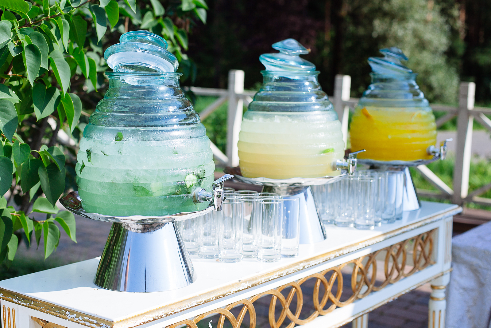 Row of crystal lemonade bowls. Served for a garden outdoor party or wedding